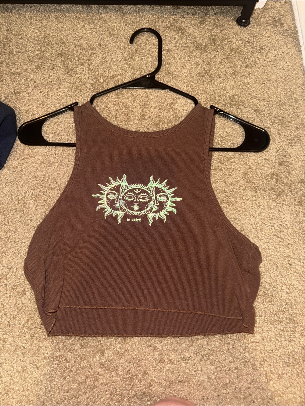 SHEIN Brown Cropped Tank with Mint Sun Graphic